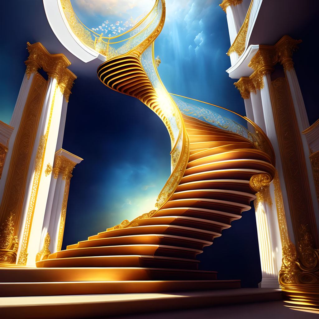 Intricate golden spiral staircase among classic columns under cloudy sky