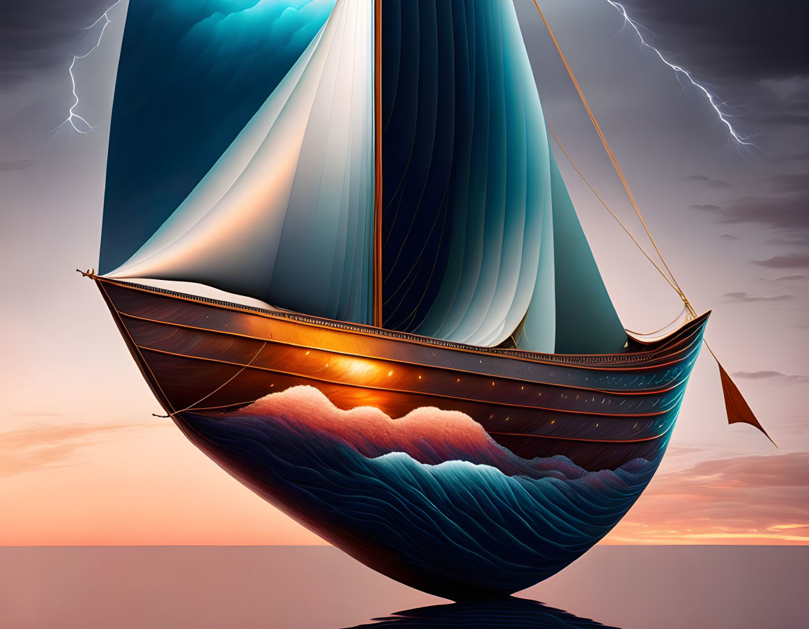 Surreal ship with ocean wave sails in twilight sky