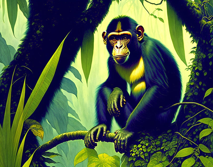 Illustrated monkey on vine with lush jungle background