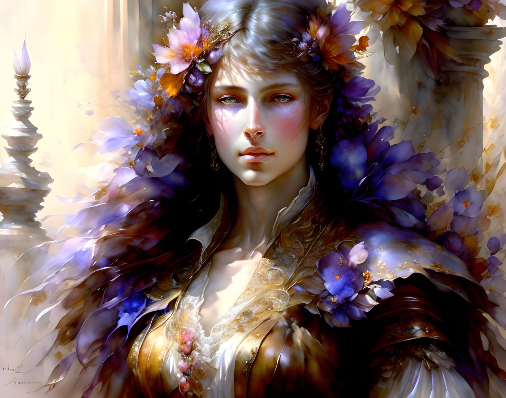 Fantastical woman portrait with floral hair adornments and purple-gold cloak
