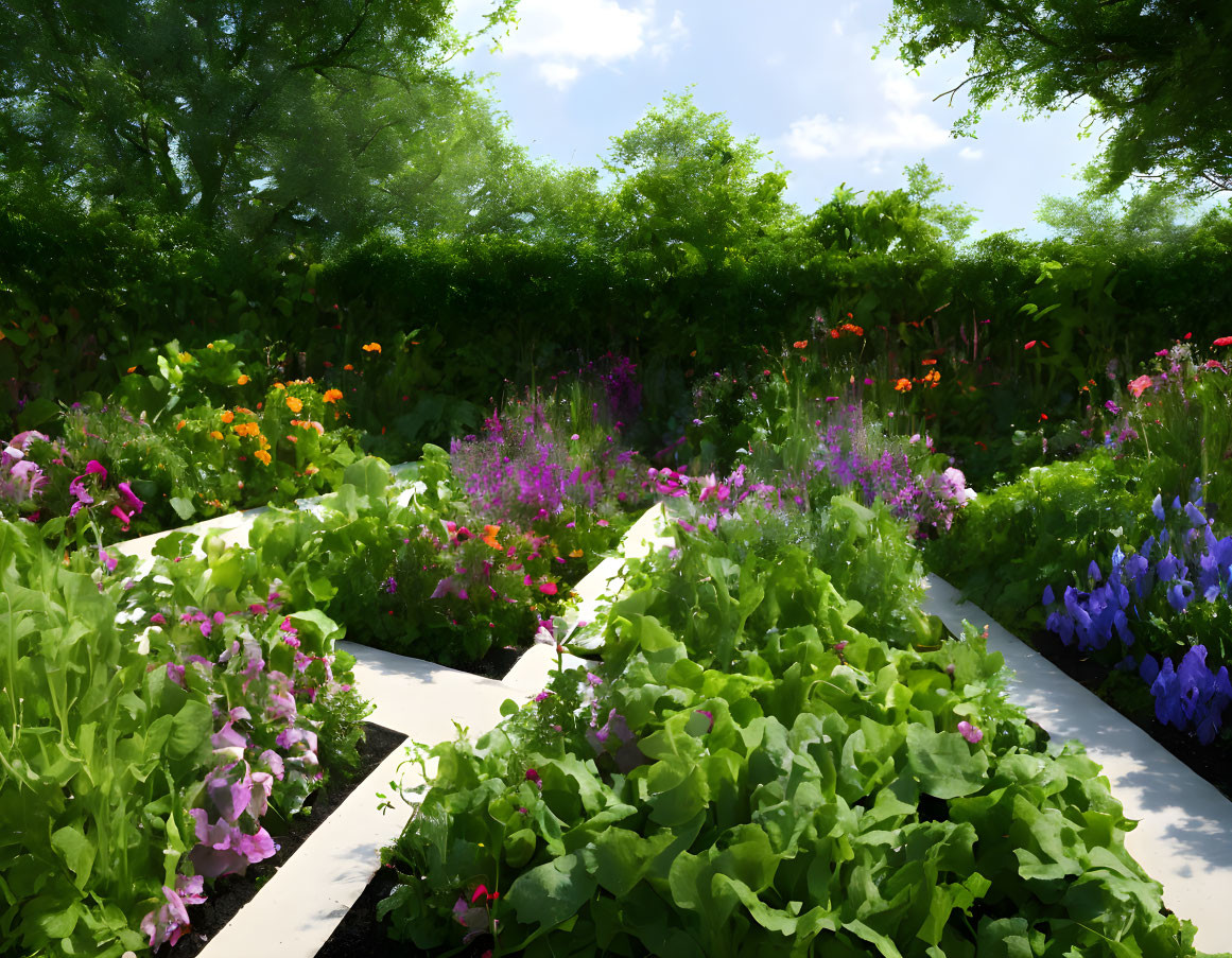 Vibrant flower garden with lush greenery under sunny sky