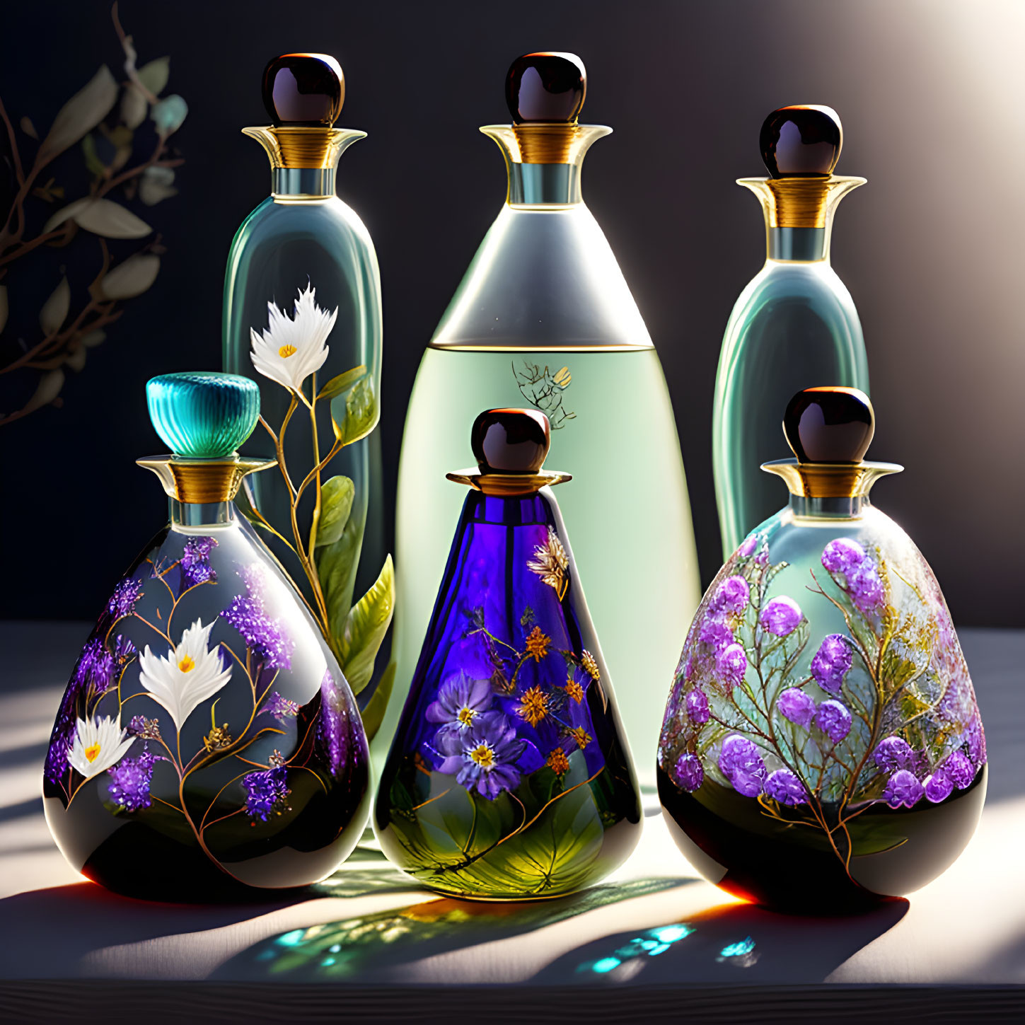 Five ornate glass perfume bottles with intricate floral designs and colorful reflections.