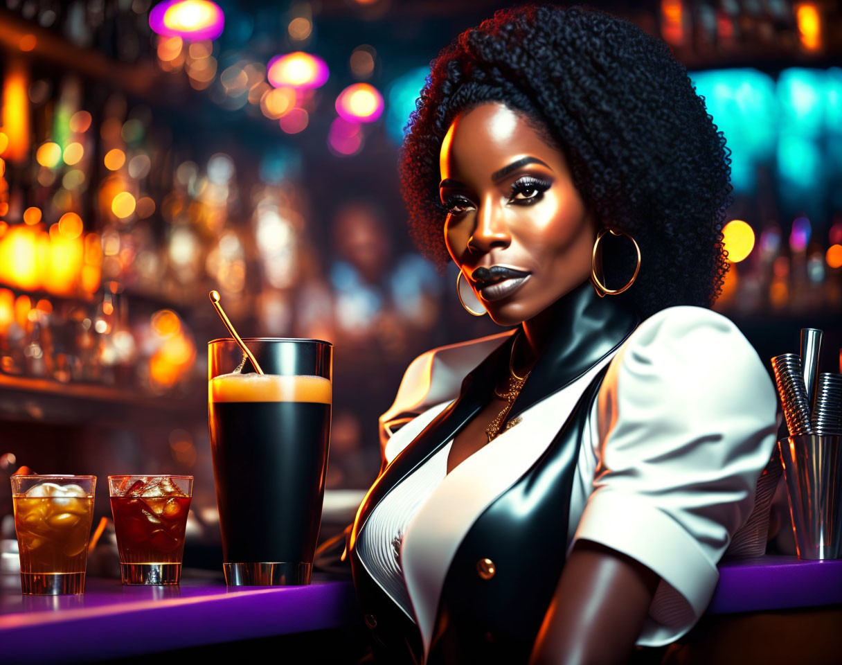 Elegant woman at bar with drink in colorful light display