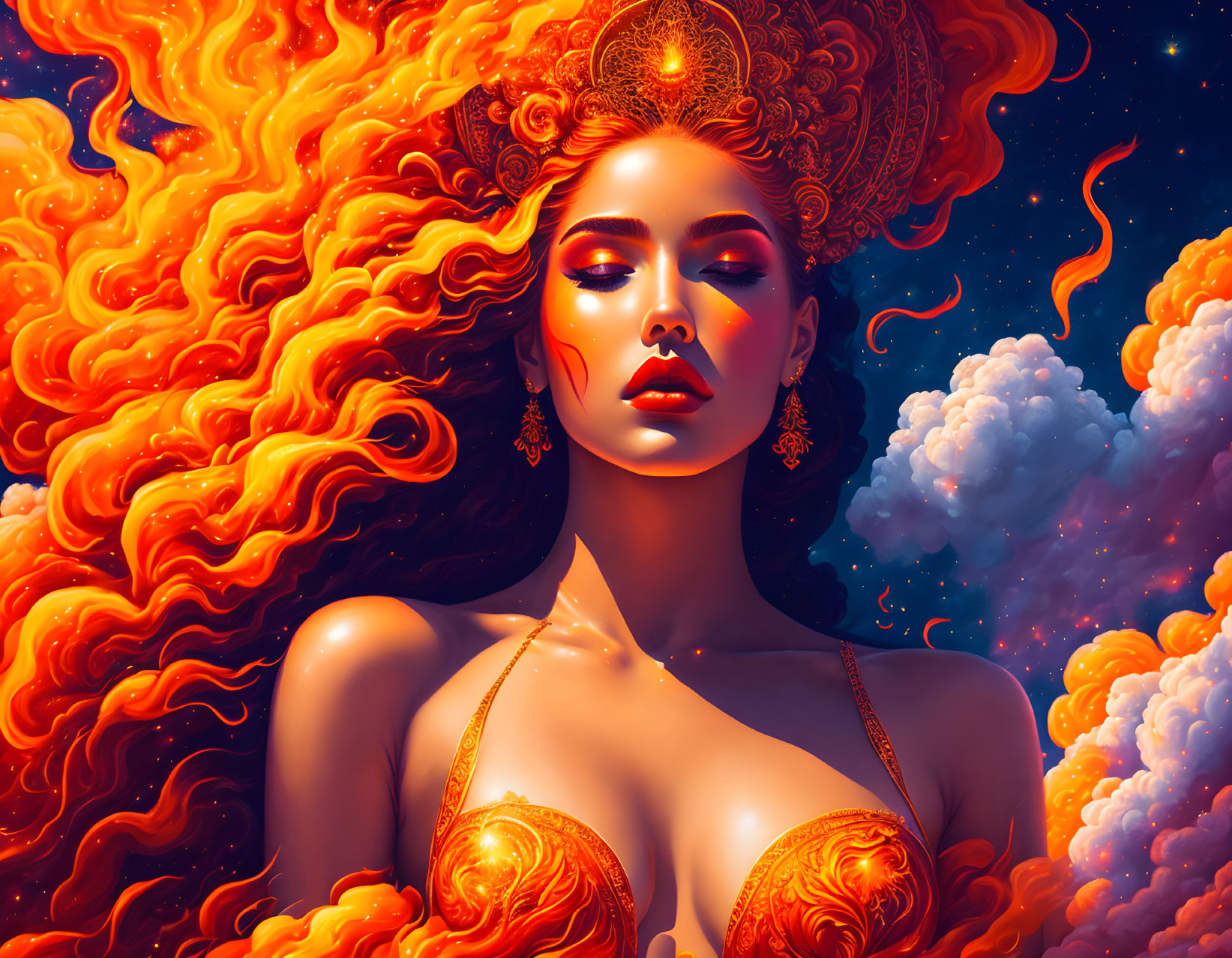 Vibrant illustration: Woman with fiery red hair and gold jewelry in cosmic setting