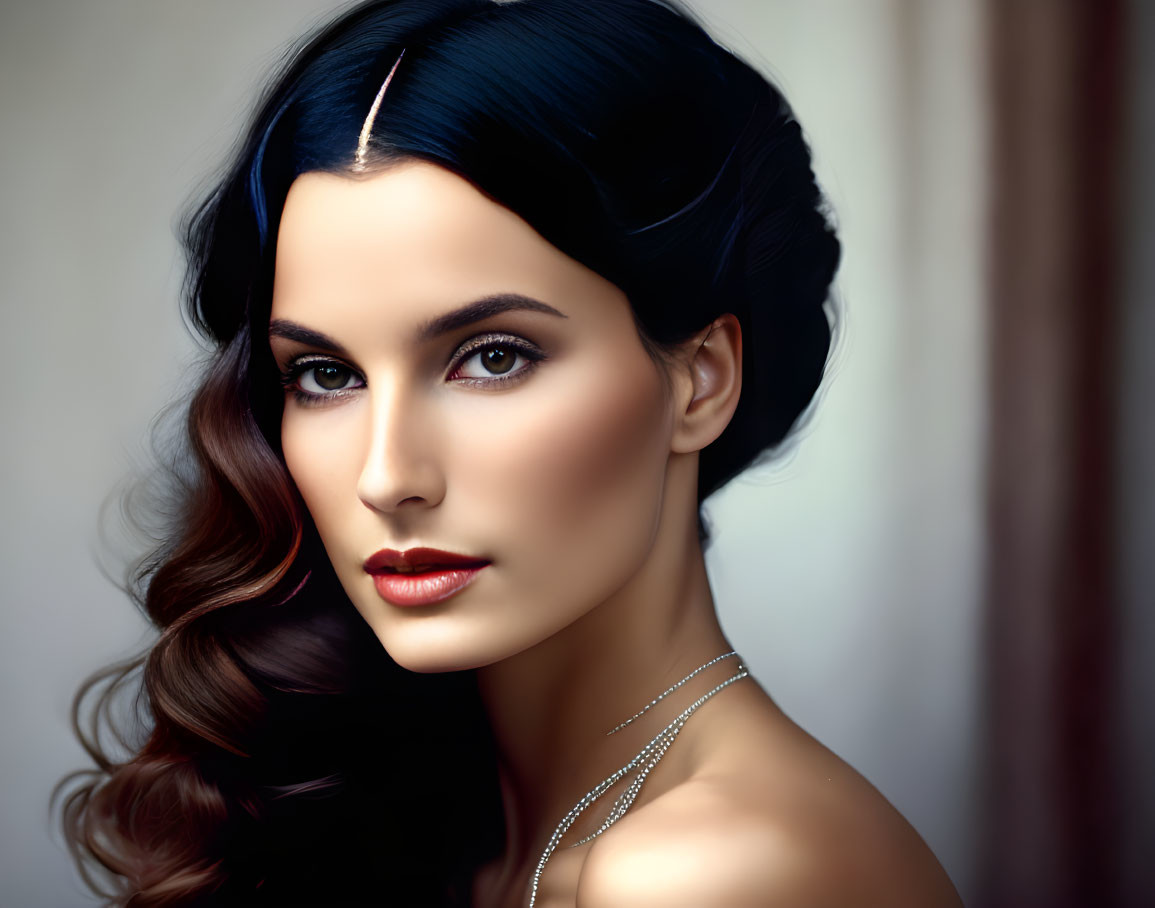 Dark-haired woman with elegant style: wavy hair, headband, subtle makeup, necklace