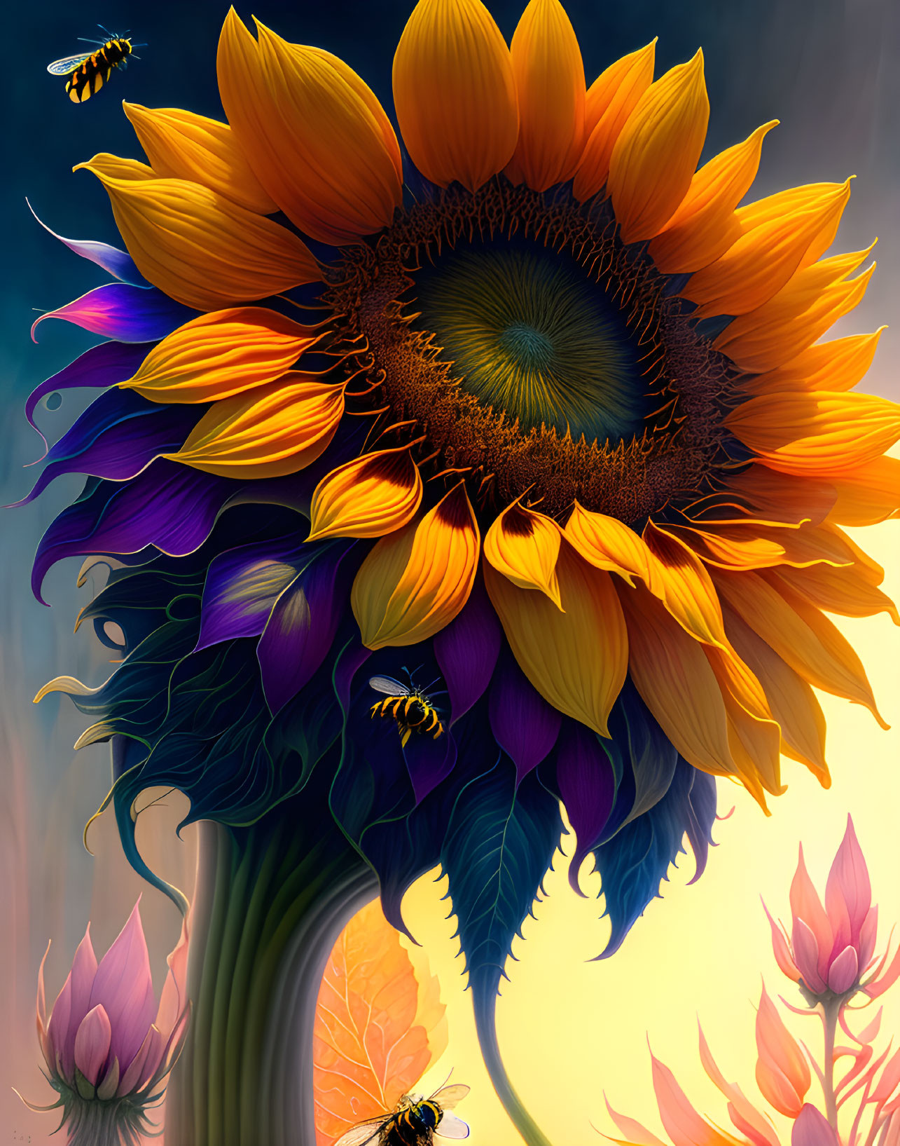 Colorful sunflower illustration with bees against dramatic sky