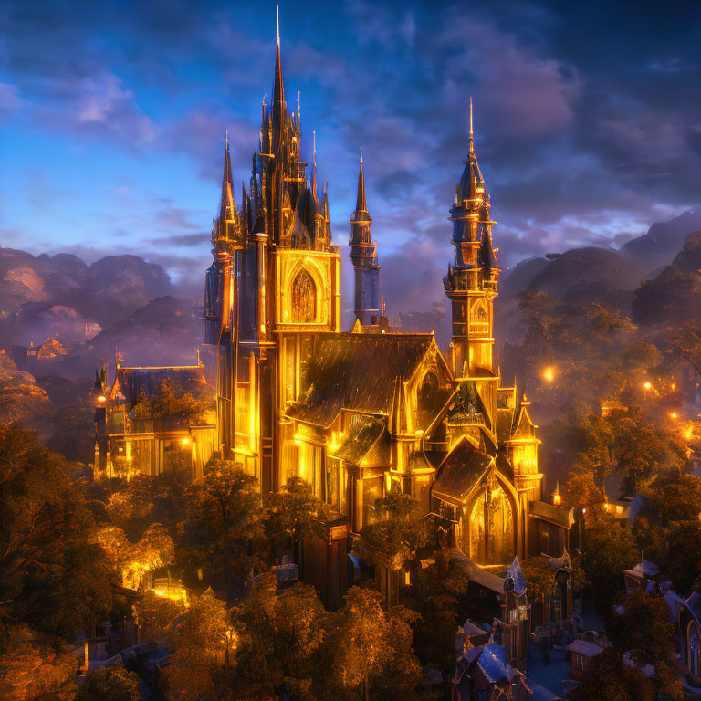 Fantastical Gothic Castle Twilight Scene with Mountains