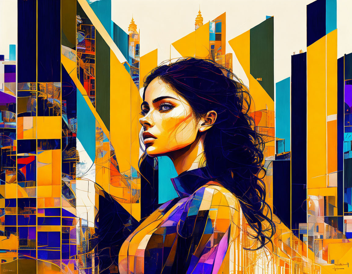 Colorful Stylized Woman's Portrait Against Abstract Cityscape Background