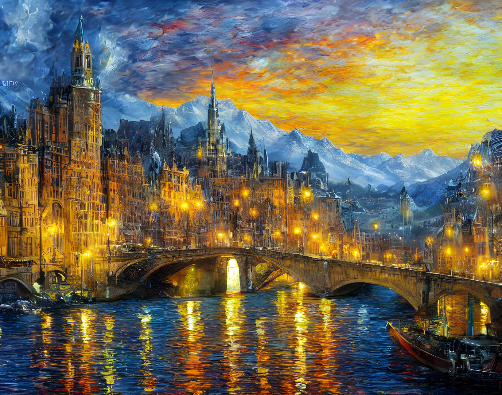 Impressionist-style painting of historical city at sunset