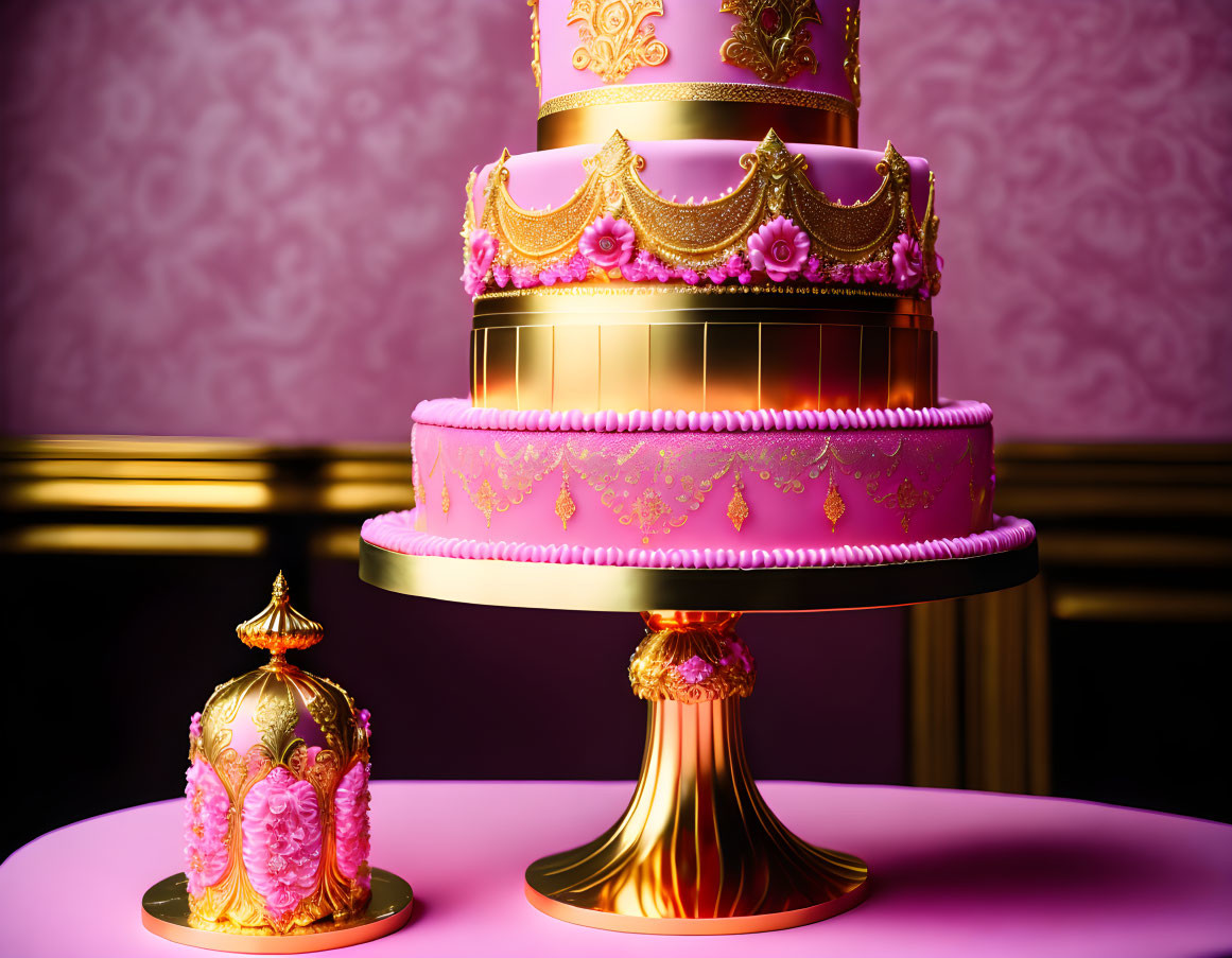 Luxurious Three-Tiered Cake with Gold and Pink Ornaments on Golden Stand