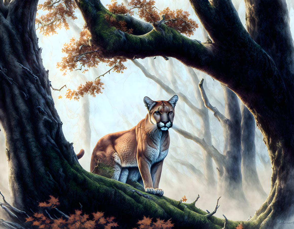 Majestic cougar on mossy branch in ethereal forest