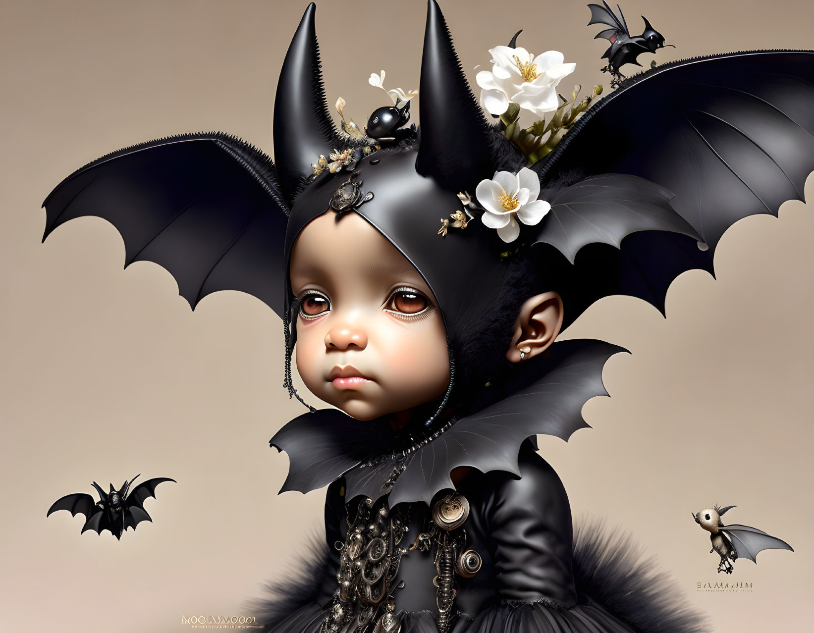 Child with bat-like wings in gothic outfit with flowers and bats