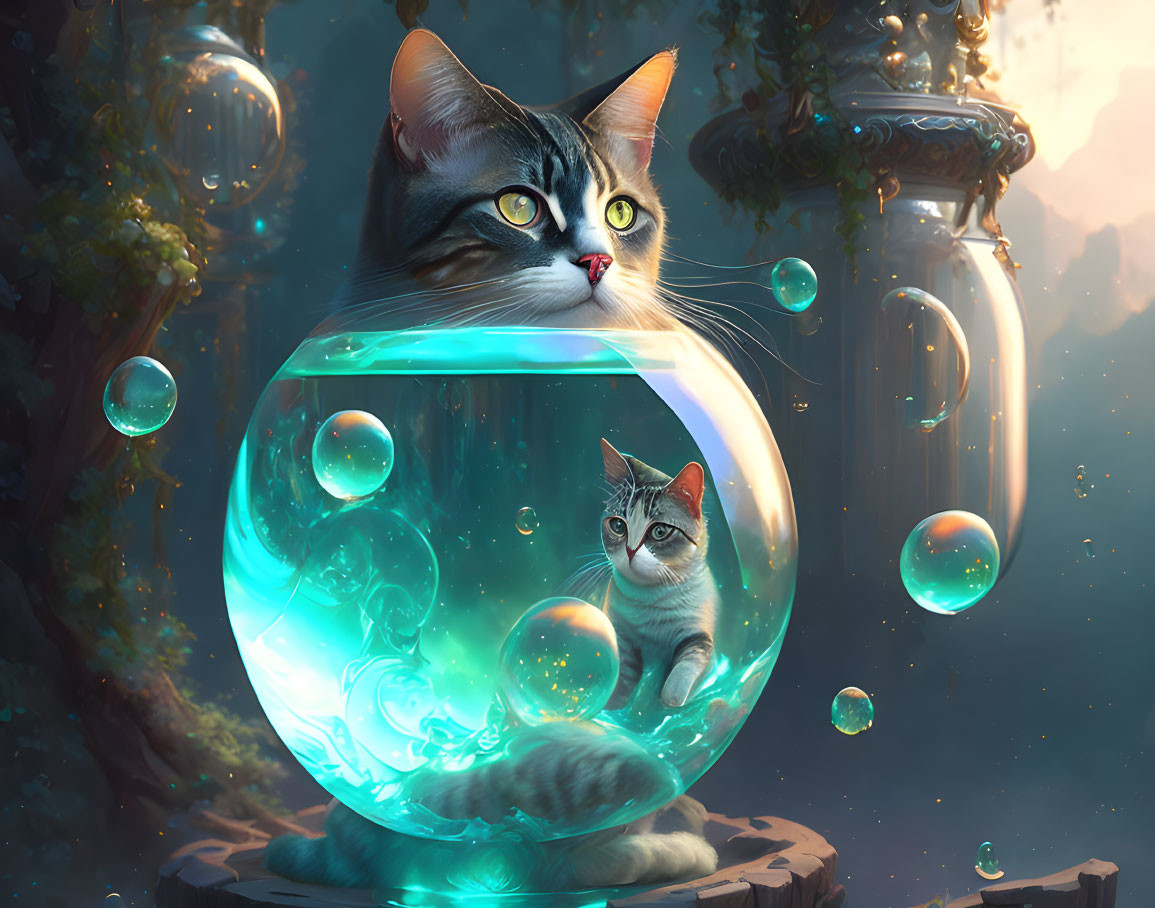 Whimsical digital art: Giant cat's head in glowing bubble with smaller cat, lanterns,