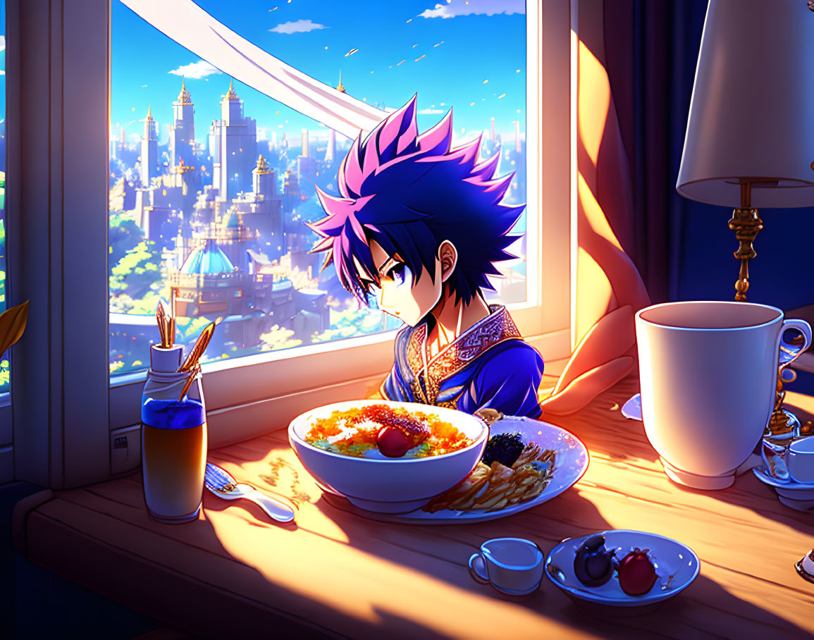 Spiky-Haired Animated Character Eating Breakfast at Sunrise