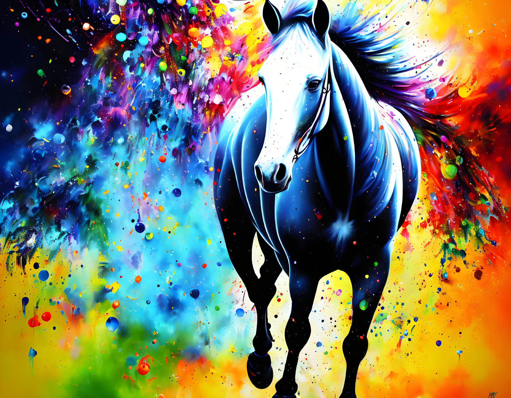 Colorful artwork featuring blue horse in cosmic explosion.