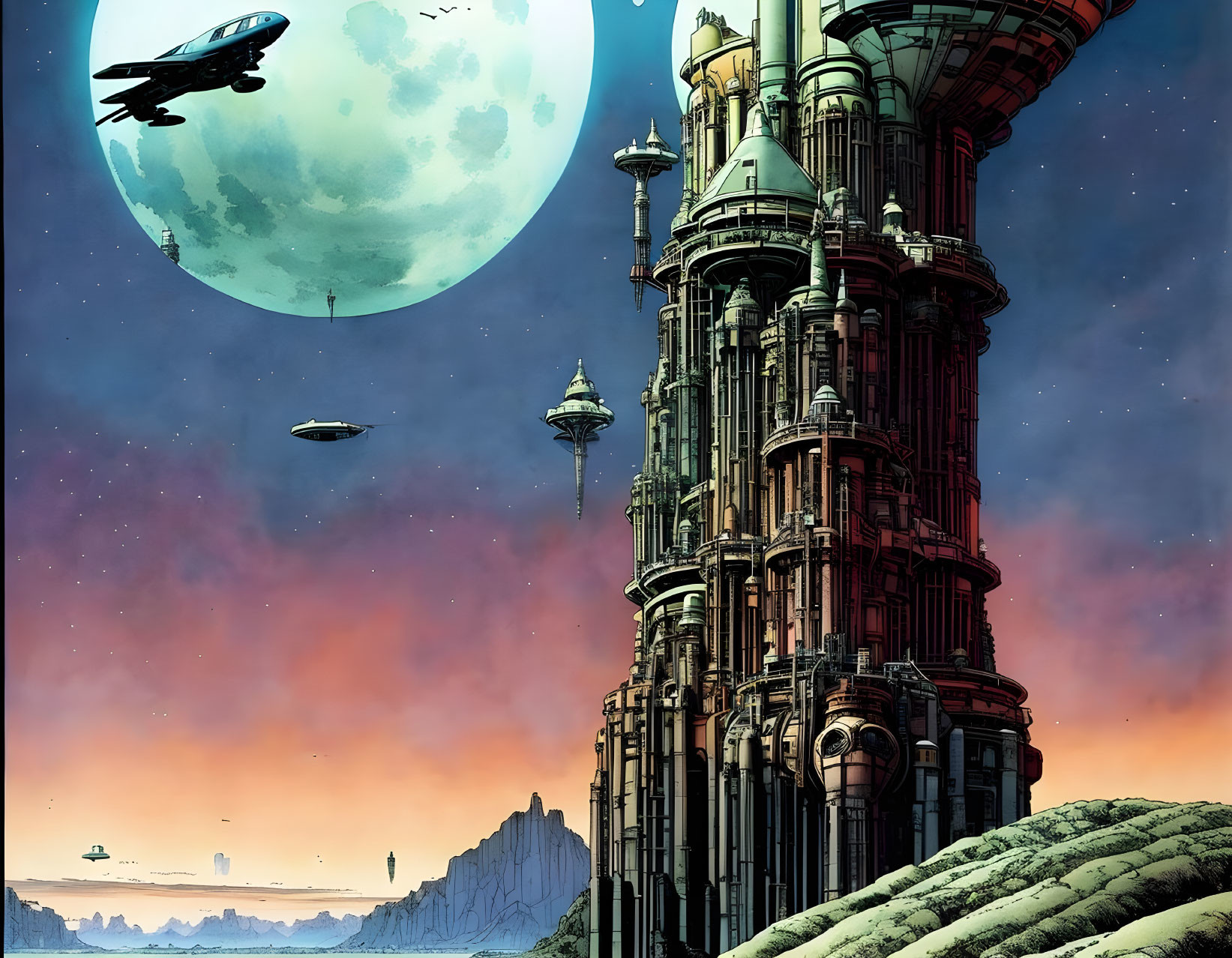 Futuristic cityscape with tall towers under green moon and flying vehicles