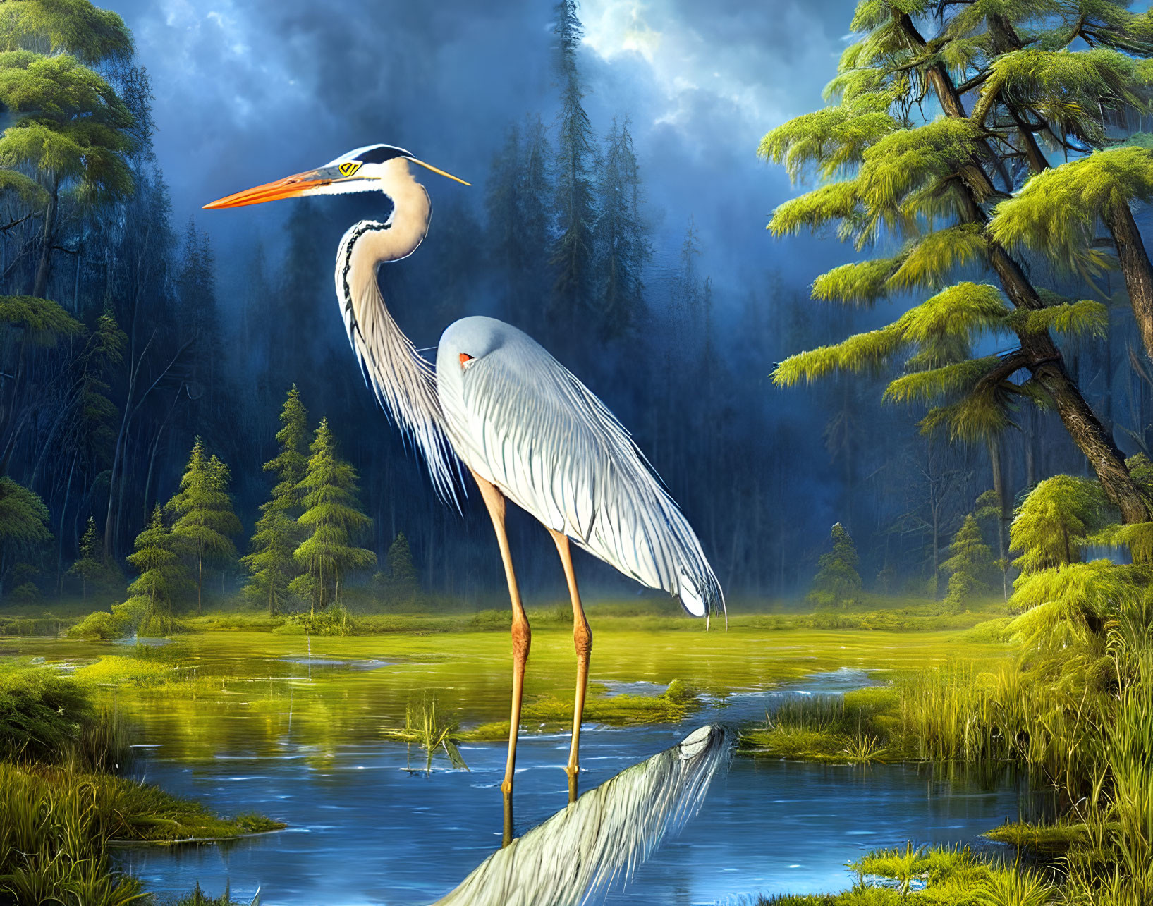 Majestic heron perched on log in misty forest wetland