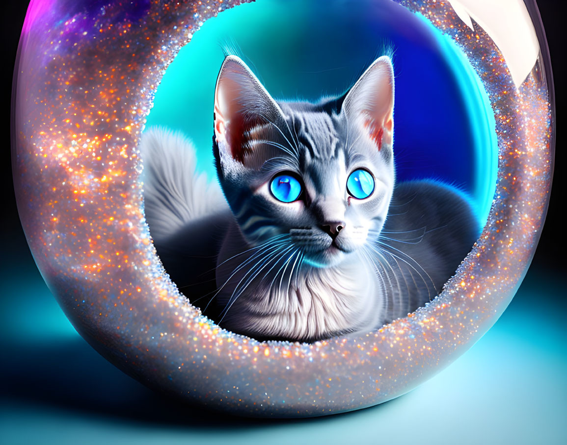 Blue-eyed cat digital artwork in cosmic sphere with blue and purple background