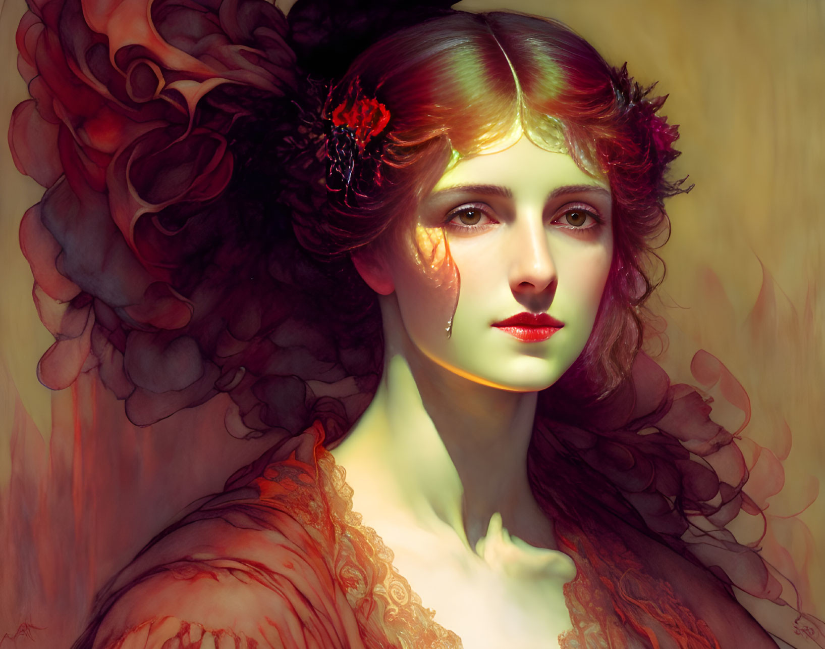 Ethereal digital portrait of a woman with red hair and floral backdrop