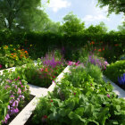 Vibrant flower garden with lush greenery under sunny sky