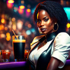 Elegant woman at bar with drink in colorful light display