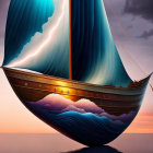 Surreal ship with ocean wave sails in twilight sky