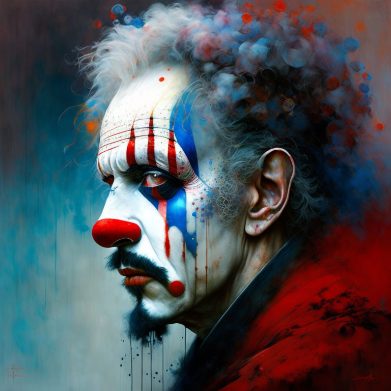 Detailed portrait of a clown with white, red, and blue face paint against abstract background