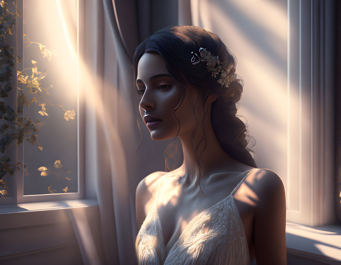 Dark-haired woman with floral accessory looking out window in sunlight.