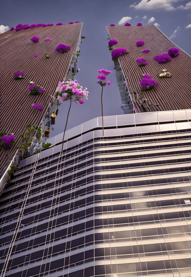 Urban skyline with reflective skyscrapers and oversized pink flowers under clear skies