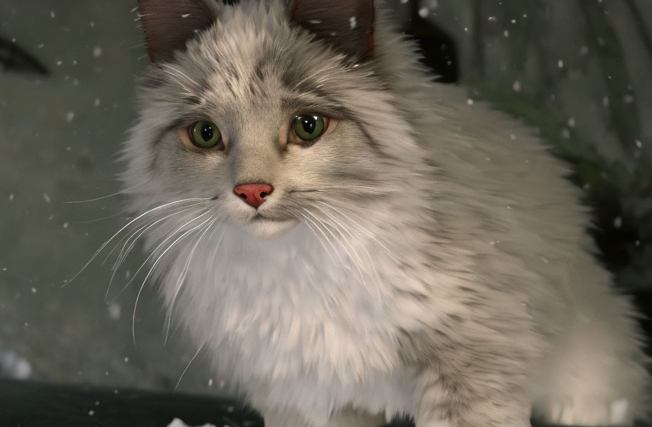 White Cat with Green Eyes in Snowfall