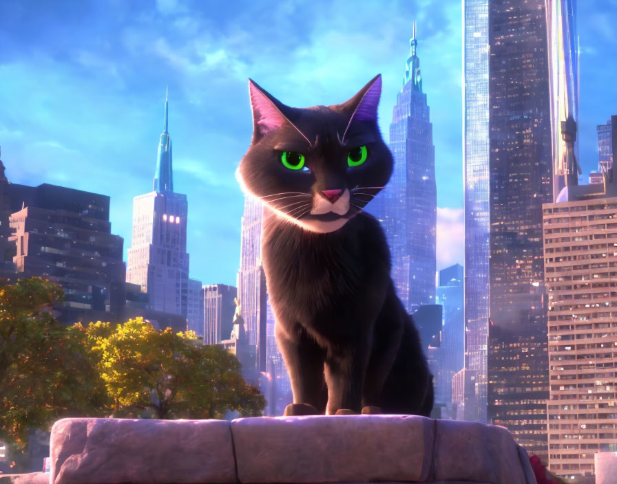 Black Cat Animation on Ledge with Cityscape Background at Sunset