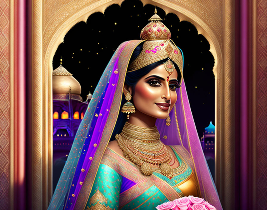 Illustrated Indian bride in traditional attire with elaborate jewelry and palatial arches backdrop.