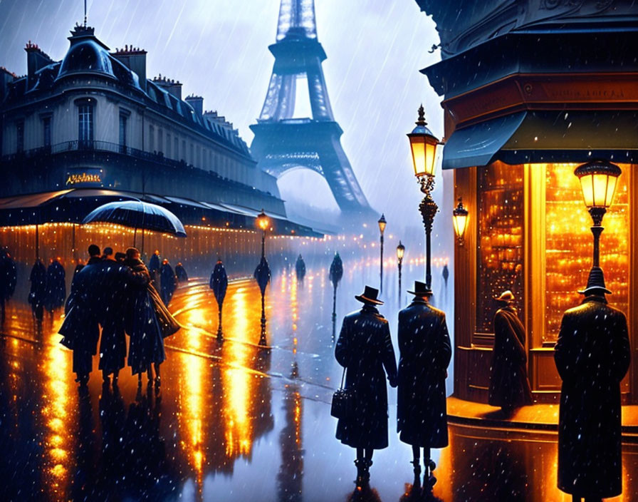 Rainy Evening in Paris: People with Umbrellas, Street Lamps, Eiffel Tower