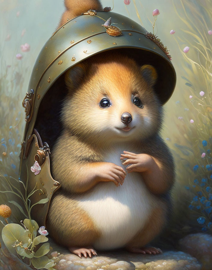 Anthropomorphic hamster with oversized helmet in whimsical setting