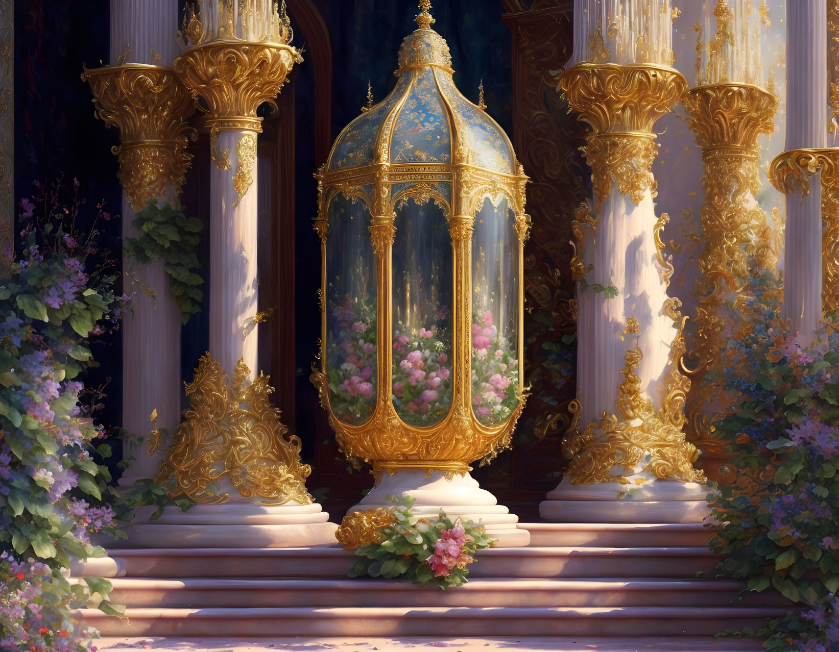 Gold-trimmed glass lantern on marble steps with flowers, columns, and greenery