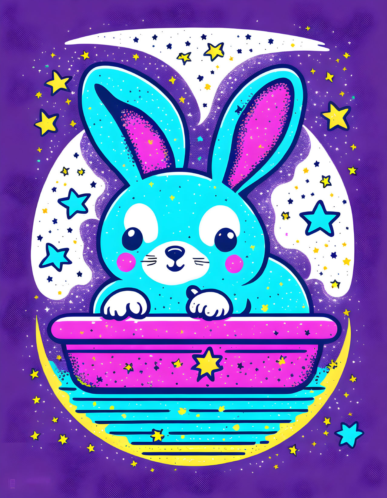 Colorful Blue Bunny with Pink Ears on Purple Saucer in Cosmic Setting