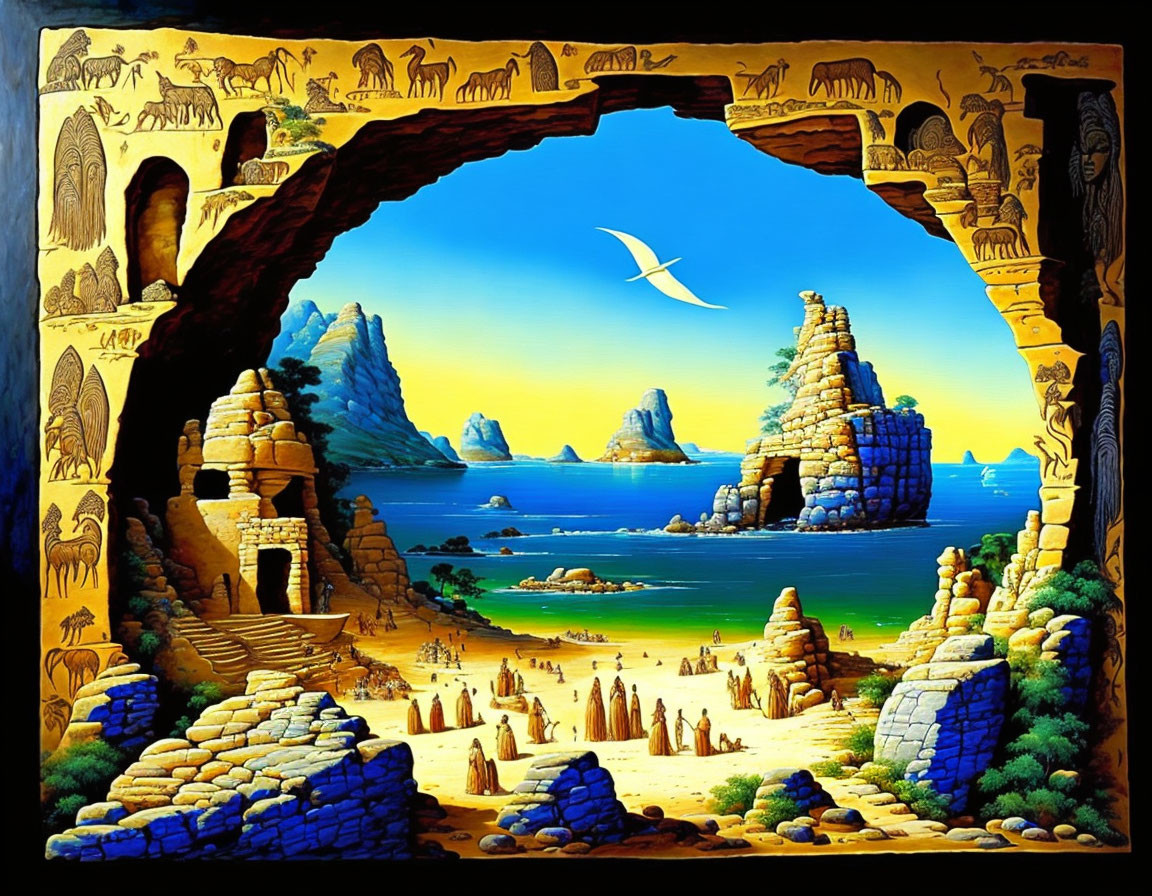 Fantasy seascape with cavern, rock formations, beach ruins, and cave wall drawings