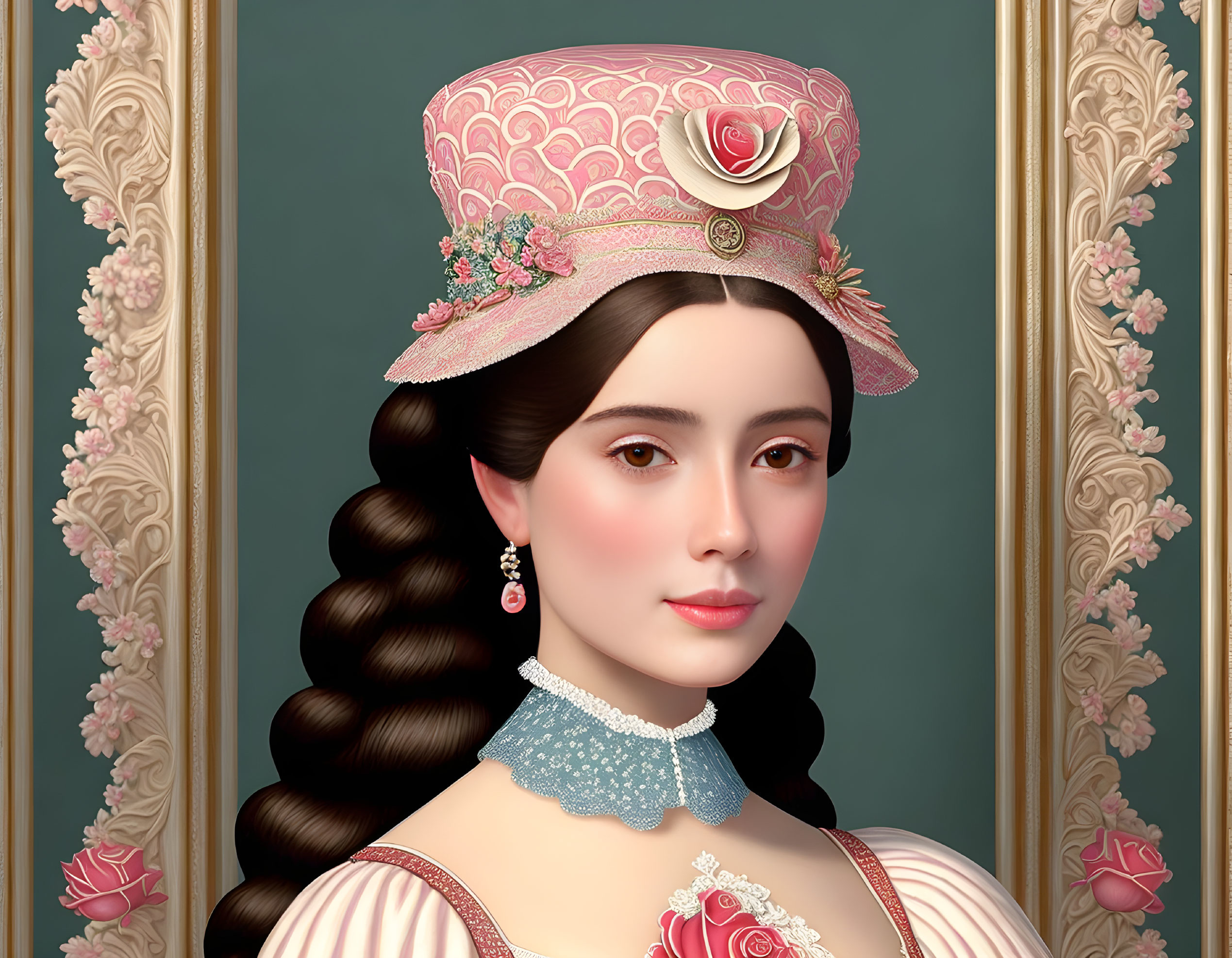 Victorian-style portrait of woman with elaborate braid and pink hat