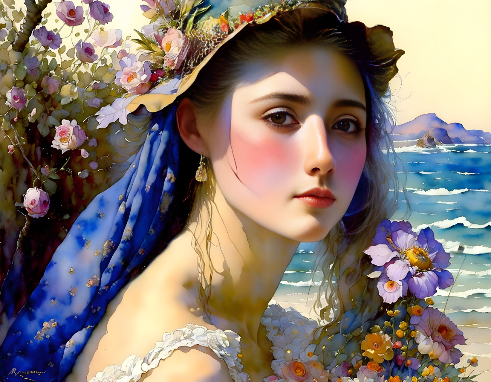 Portrait of young woman with floral hat at beach.