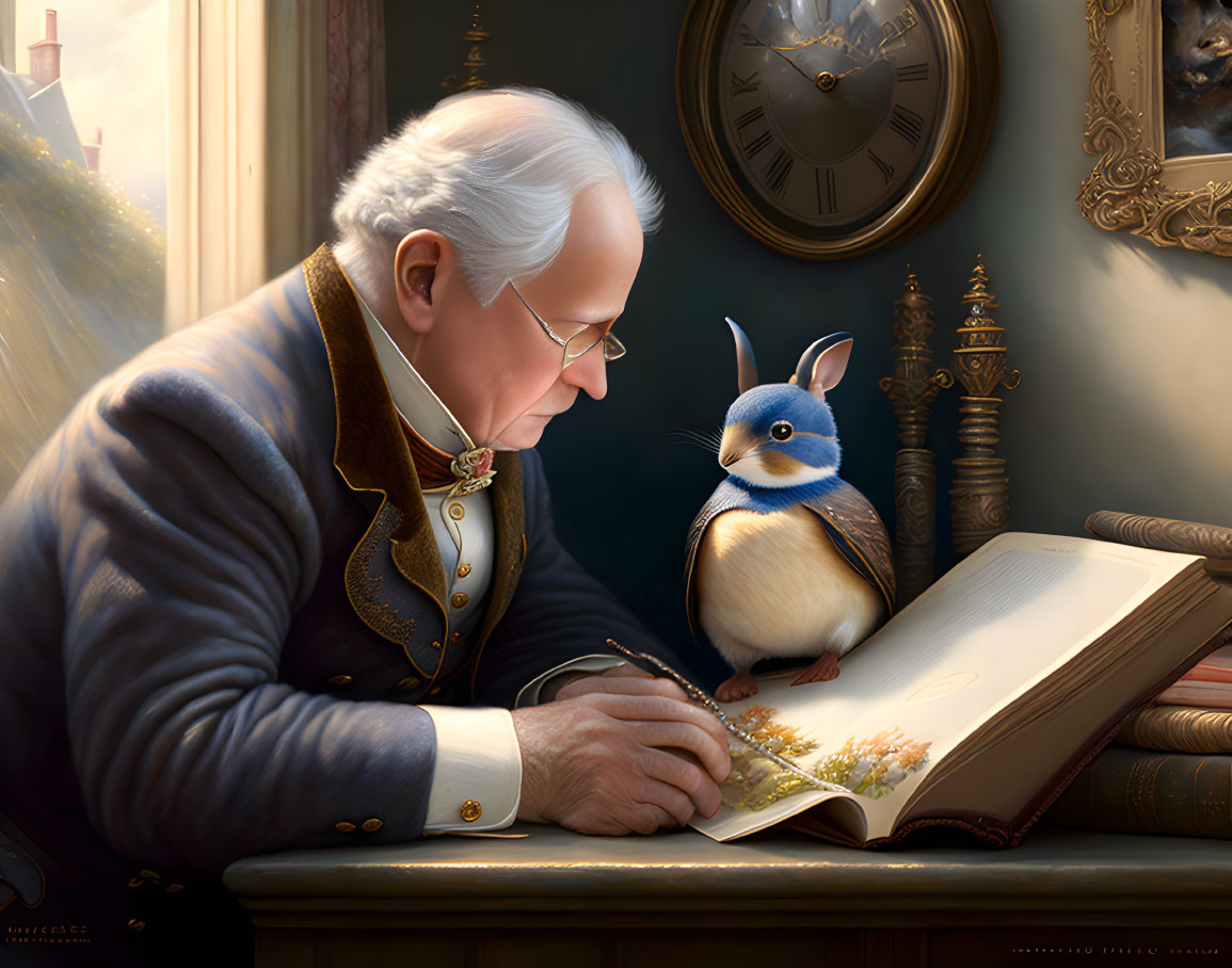 Elderly man in historical attire writing with penguin-like bird in warmly lit interior