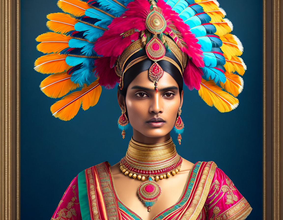 Woman in Vibrant Feather Headdress and Indian Jewelry on Blue Background