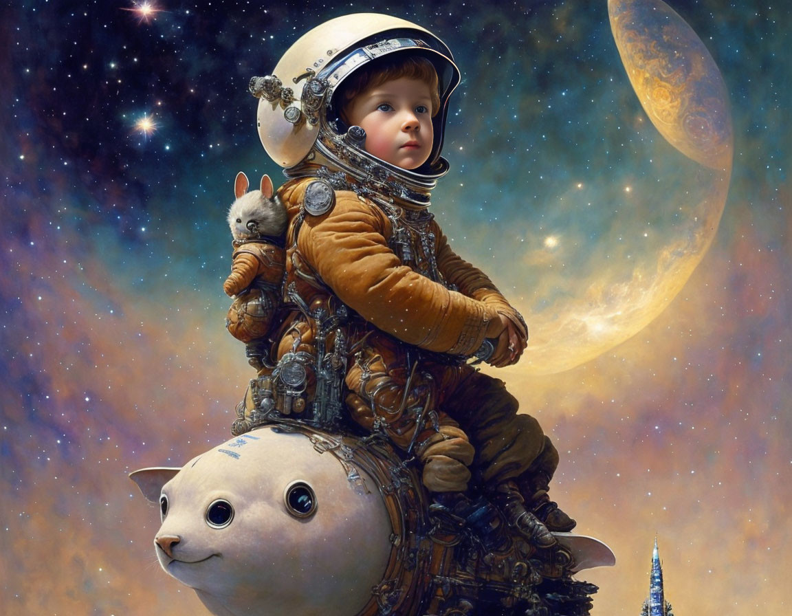 Child in astronaut suit rides whimsical cat-like creature through fantastical space scene