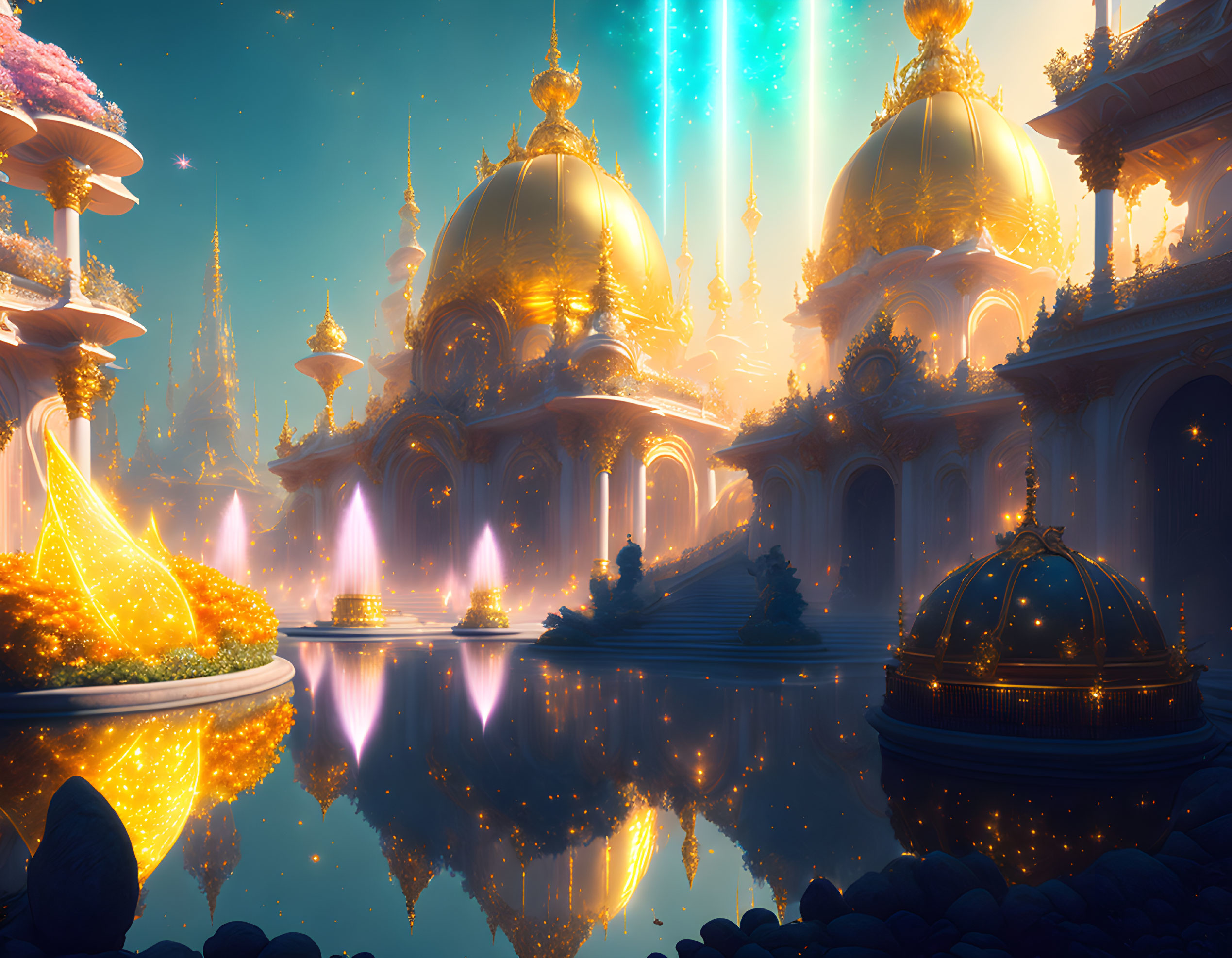 Golden palace with domes and spires under starry sky and calm waters