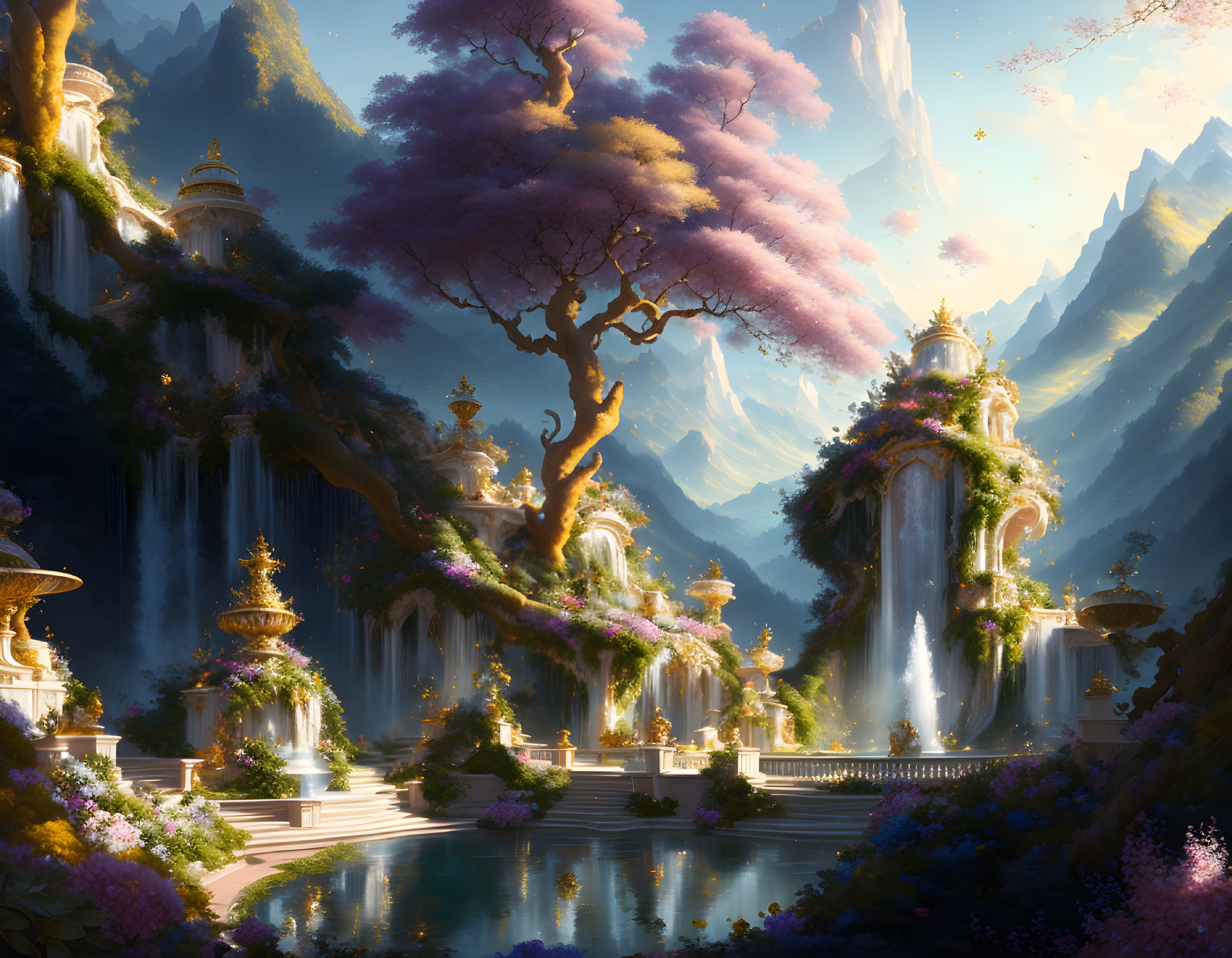 Majestic pink tree in fantasy landscape with waterfalls & ancient buildings