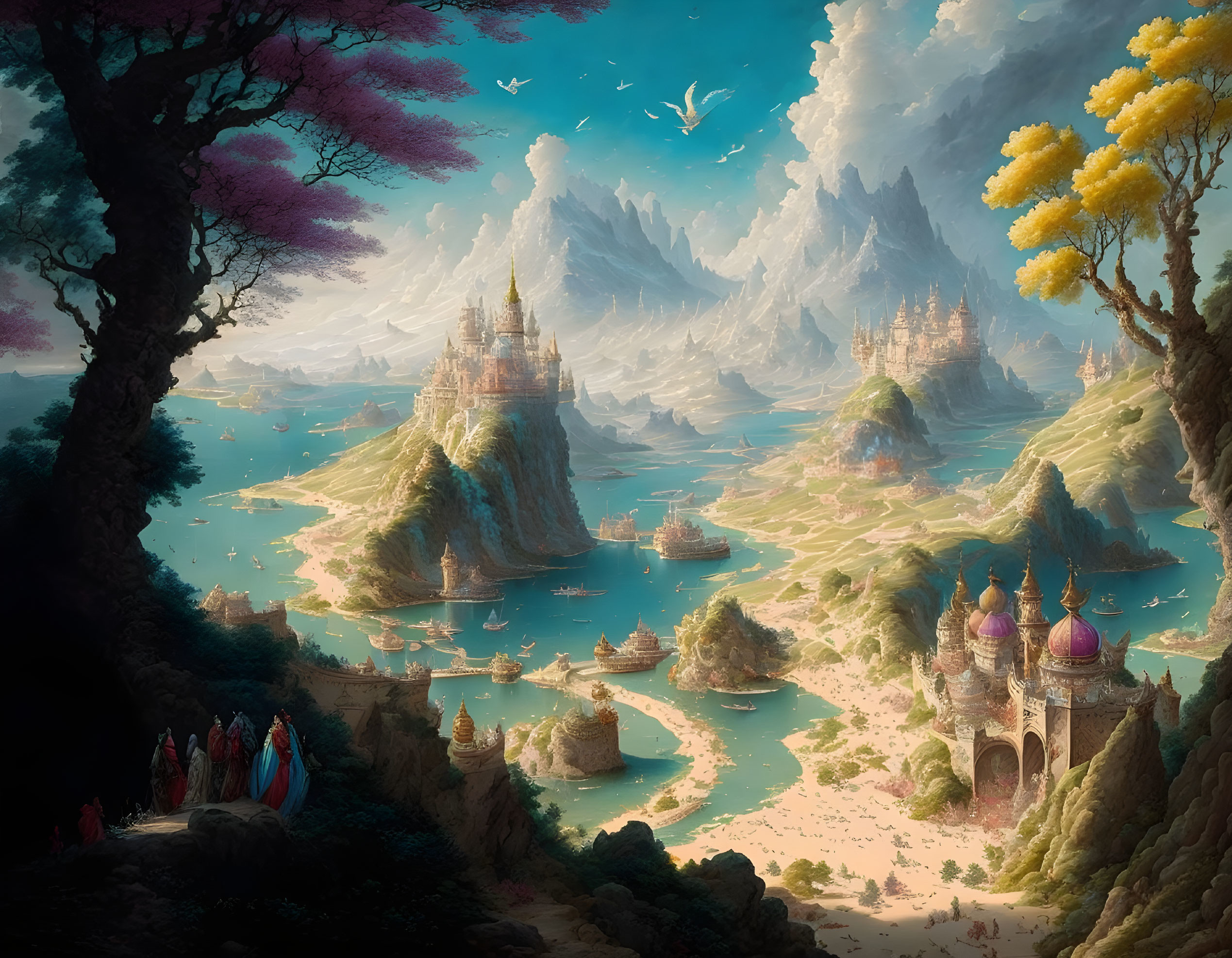 Fantasy landscape with people walking towards majestic castles on islands