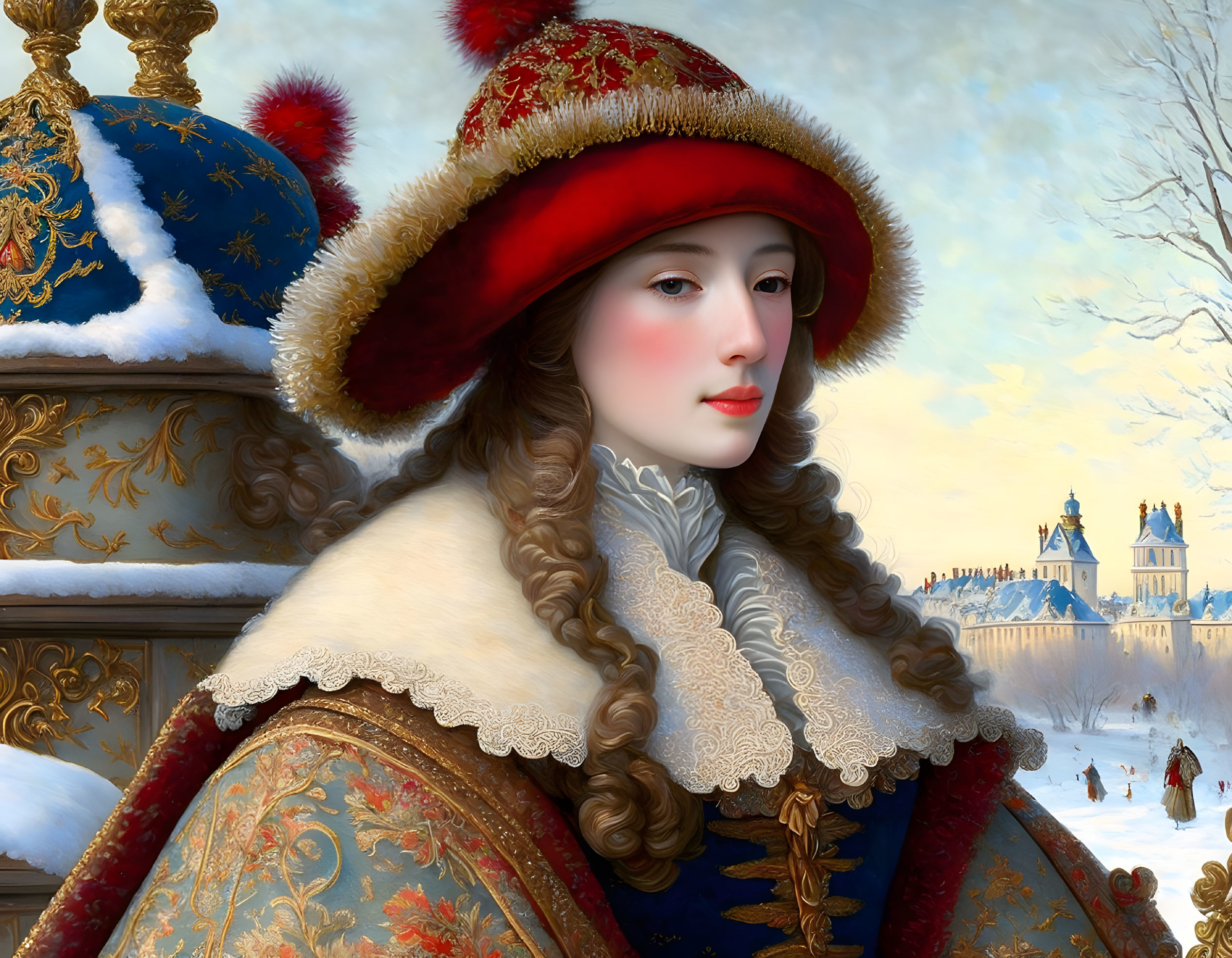 Historical painting of woman in regal attire against snowy castle backdrop