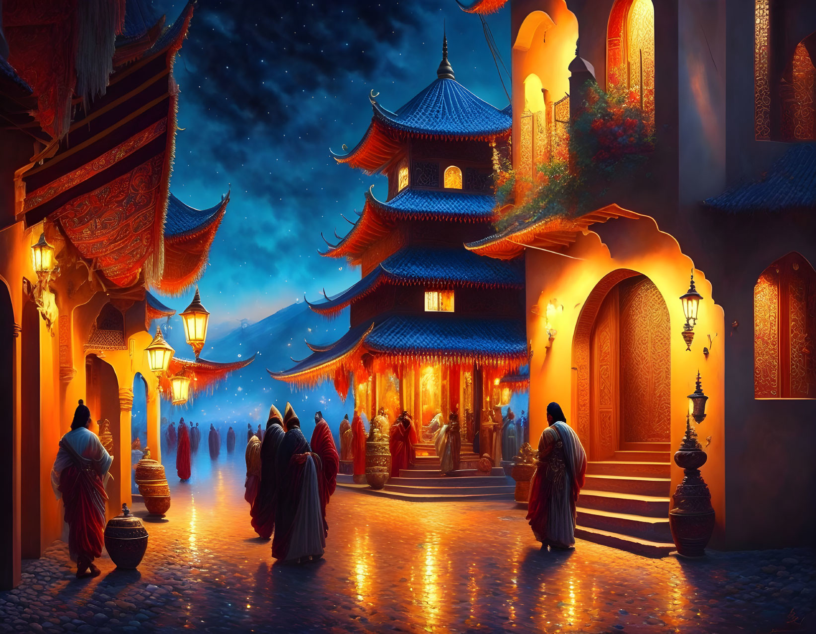 Traditional oriental night market with lanterns, starlit sky, and pagoda buildings