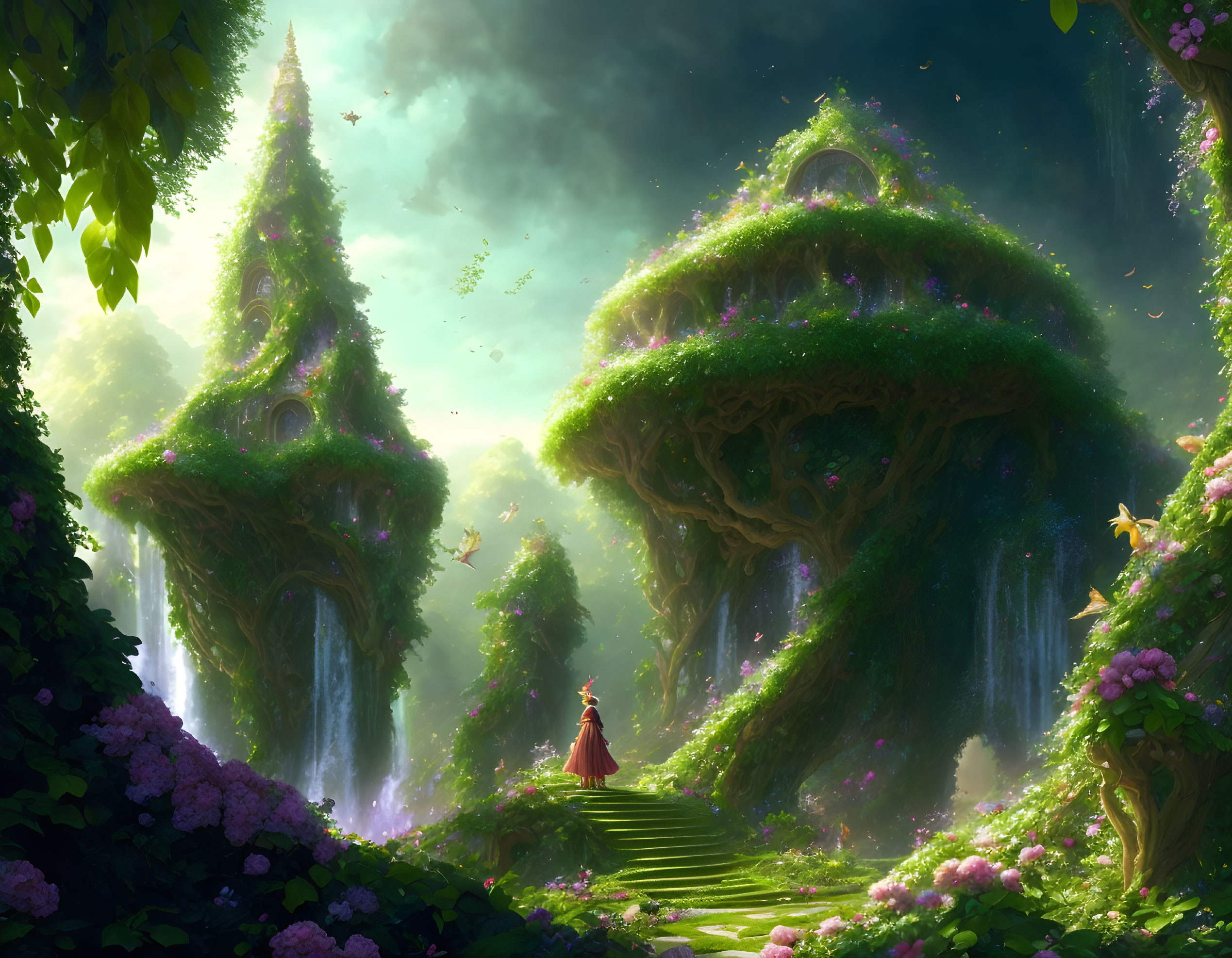 Person in Red Cloak Walking to Mystical Forest with Treehouses, Waterfalls, and Lights