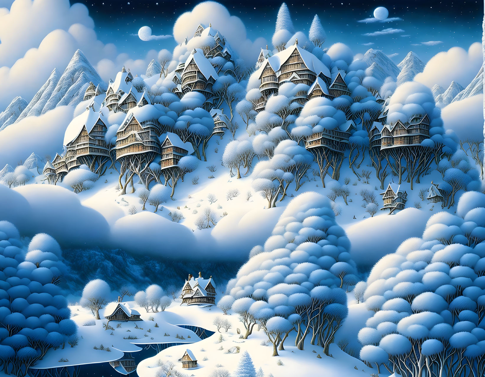 Snowy landscape with wooden houses, trees, mountains, and starry sky