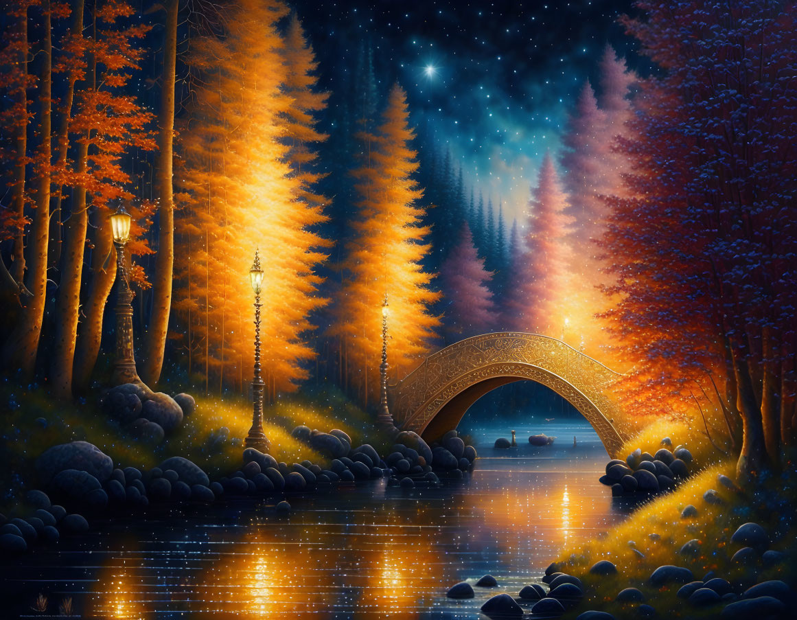 Golden bridge over tranquil river in enchanting night landscape